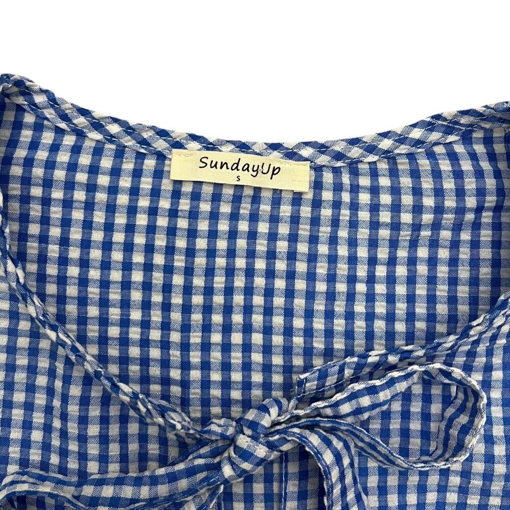 Gingham Tie Front Puff Sleeve Blouse Blue Size Small Cottagecore European Summer - Picture 6 of 10